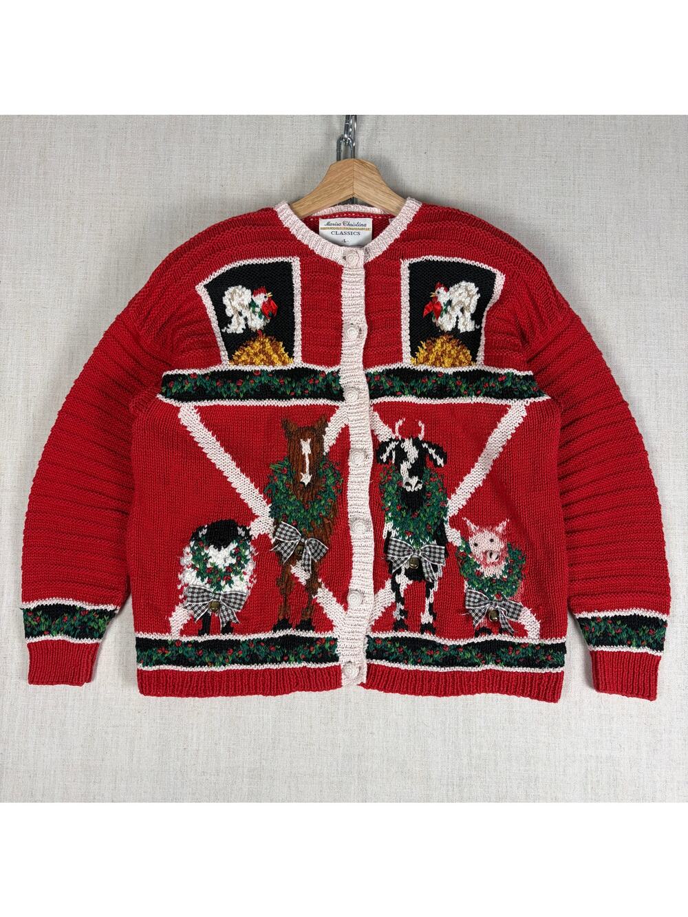 VTG Marisa Christina '94 Christmas Collection Farm Animal Large 3D Knit Cardigan